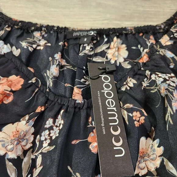 Papermoon Black Floral Empire Waist Long Sleeve Blouse New With Tags Women's S - Picture 7 of 12